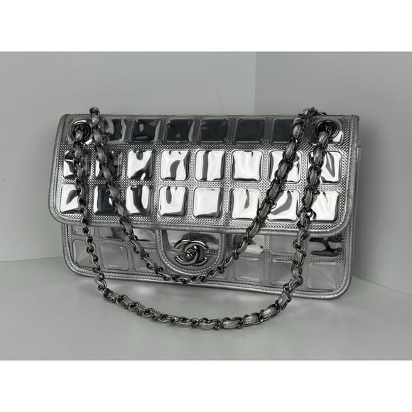 Chanel Classic Flap Ice Cube Chocolate Bar Metallic Silver PVC with Leather Trim - Picture 1 of 16